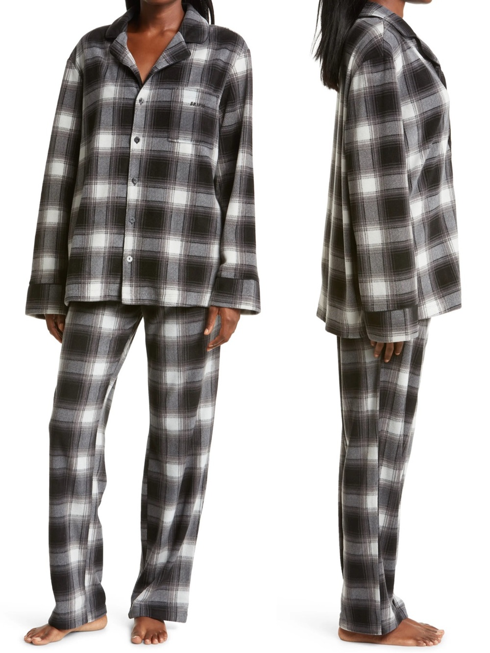SKIMS Plaid Fleece Sleep Shirt & Pants Set Gray Plaid Black Grey Pajama Set XXS